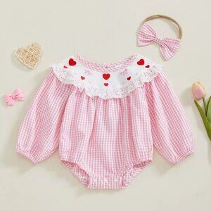 Valentine's Day Embroidered Heart Baby Girls Bubble Romper Jumpsuit
